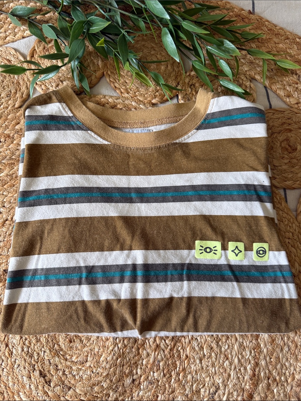 Zara Boy Striped Crew Relaxed Boxy Tee Tan Green. 11-12